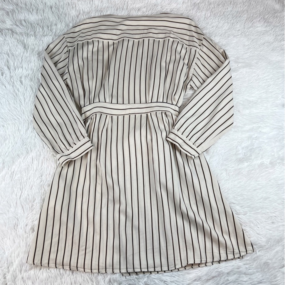 Bogner Alissa Eggshell Stripe Long Sleeve shirt Dress tie waist button front - Picture 3 of 12